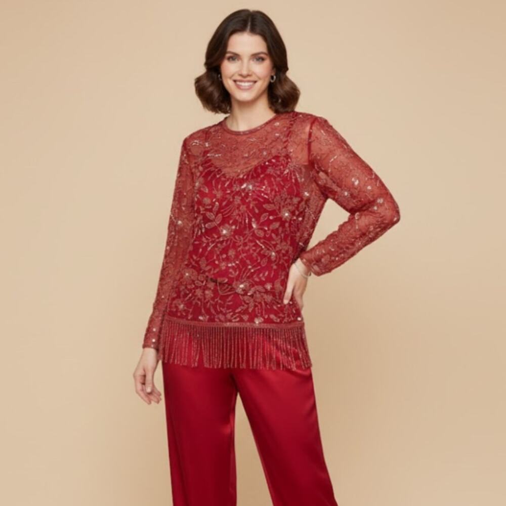 Vintage 70s Jack Bryan Beaded Sheer Silk Tunic Top Cherry Red Evening Holiday